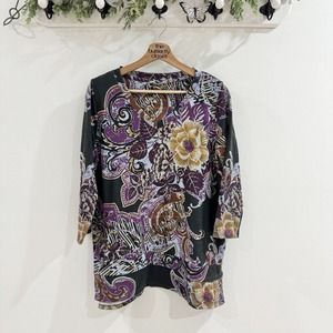 soft surroundings Medium floral Boho Shirt Grey V Neck